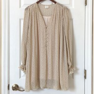 By Together Speckled Half Buttoned Long Balloon Sleeve Mini Shift Dress Cream S
